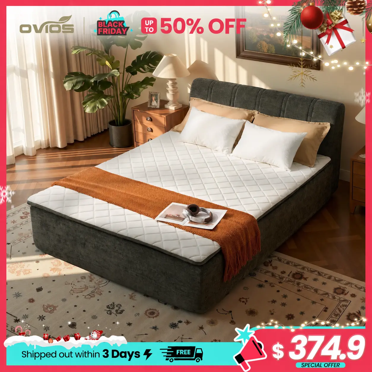 【Family Fun】OVIOS Queen Complete Bed with Hybrid Mattress & Removable Upholstered Headboard, Bed Frame and Mattress in One Box, No Assembly Required, Medium Firm Memory Foam & Pocket Springs, Motion Isolation, CertiPUR-US Certified