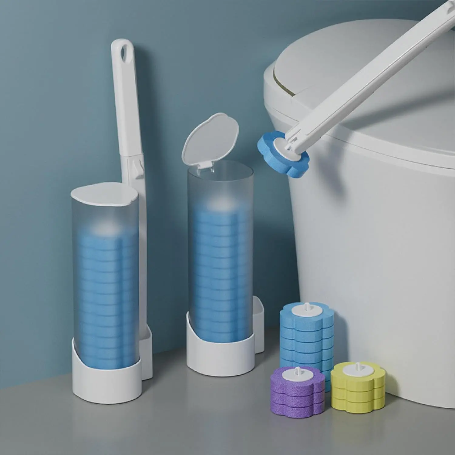 Disposable Toilet Bowl Cleaning Kit with 18/36 Plastic Cleaner Refills, Long-Handle Rotatable Sponge Scrub Brush, Wall-Mount Storage Caddy, Fragrance-Free Low-Foaming Cleaners for Toilet, Sink, Bath Tub Accessories