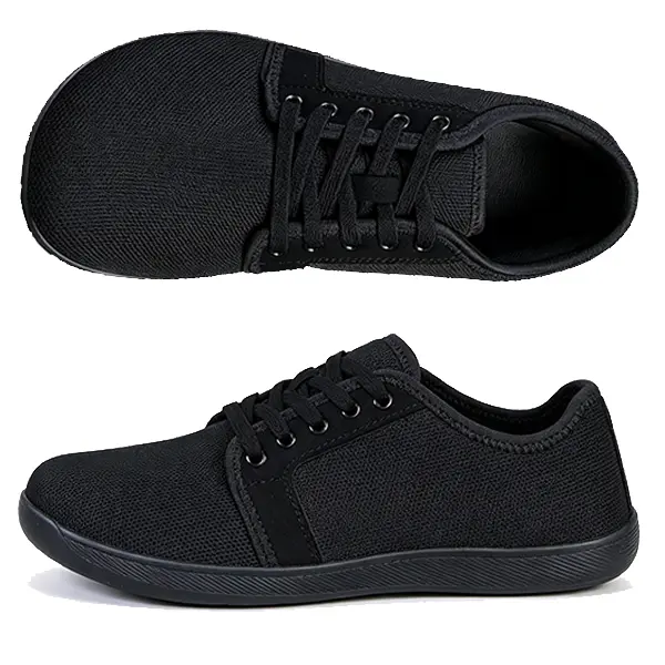 Men’s All Black Canvas Minimalist Casual Barefoot Sneakers - Wide Round Toe Box, 0-Drop Flat Sole, Braid Detail, Mesh Upper, for Daily Wear, Rubber Sole, Laces Casual Trainers
