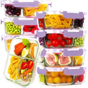 8 Pack Glass Meal Prep Containers 3 Compartment, 36oz Glass  Storage Containers with Lids, Airtight Glass Lunch Bento Boxes,  & Leak Proof (8 lids & 8 Containers) - Purple