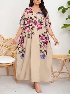 Women's Summer Loose-Fitting Round Neck Batwing Sleeve Dress, Comfortable Long Robe for Daily Wear, Vacation, Home Leisure, Boho Fashion Dress