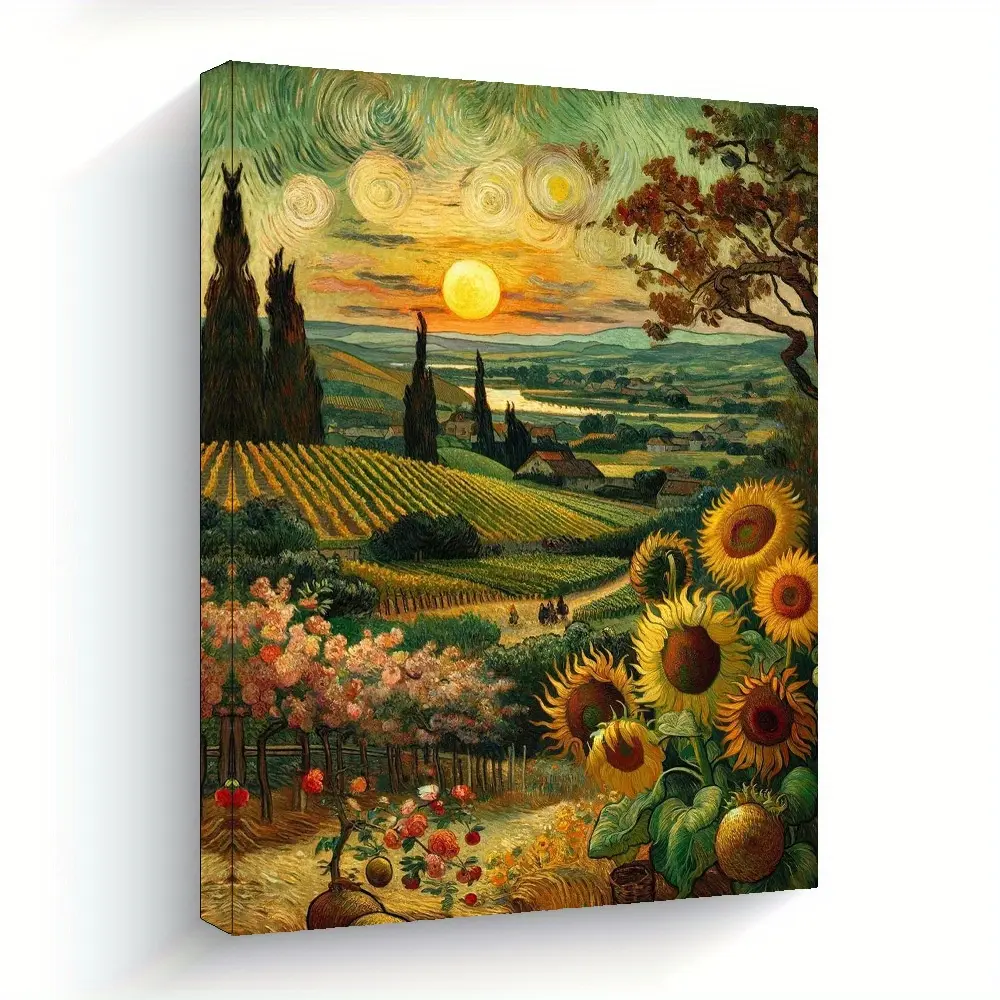 Framed Van Gogh Sunflowers and Sunset Canvas Art - Suitable for office, living room, dining room, bedroom, apartment, bathroom, toilet, poster decoration room art, new wall art, birthday, holiday gift