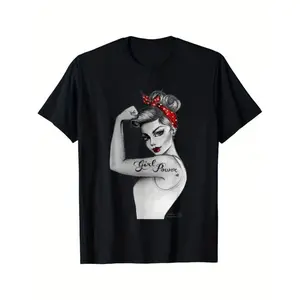 Graphic vintage tee ower Modern Rosie Badge Retro Art Anne Cha Women's T-Shirt - 100% Casual Round Neck Tee with Empowering Graphic Design, Hand Wash Only