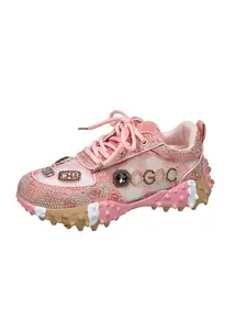 Women's Rhinestone Dad Shoes, Thick Sole Height Increase, Sporty All over Print, Textile Upper, Rubber Sole, Spring & Fall Fashion
