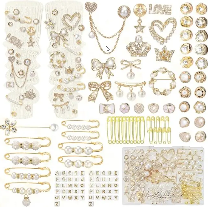 Junk Socks Charms Kit, Brooches and Pins for Women, Shoe Charms for Mothers Day with Pearl Safety Pins and Brooch Buttons, Teen Girl DIY Accessories for Decorating Socks, Sneaker, Clothes