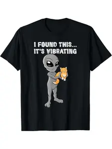 Found This - It'S Vibrating - Cat & Alien T-Shirt| Selected Pure, Interesting Design, Short Sleeve, Soft And Breathable, Suitable for All Seasons, Comfortable, Easter And.Jpg, Same Style for Men And Women,   Summer, Short-Sleeved, Printed