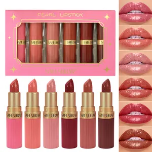 Fit Colors 6 Colors/set Glitter Luxurious Long Lasting Glossy Lipstick Waterproof Lasting Diamond Pearlescent Metallic Lipstick Pink Red Lip Gloss Women Lips Makeup Cosmetic Lip Makeup Kit