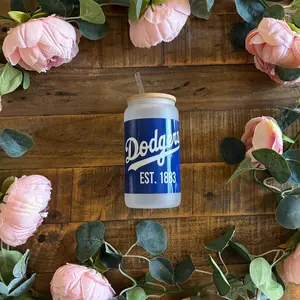 Dodgers Logo Frosted Glass Cup - 16oz - Mug, Drinkware Beverage Reusable Tumblers