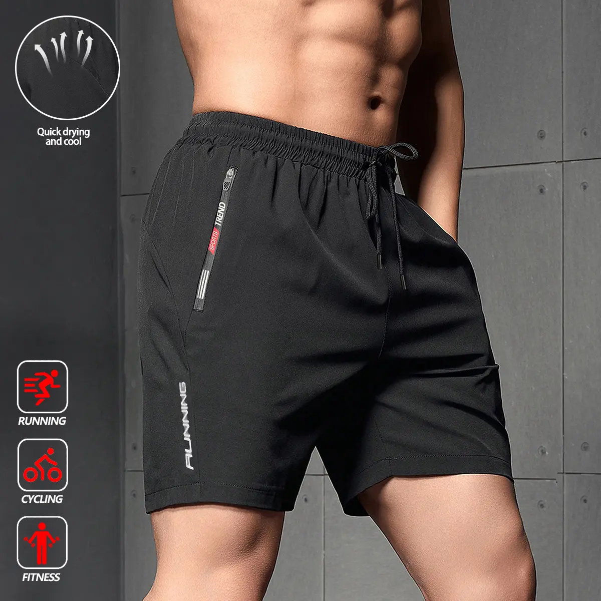 Men's casual shorts with drawstring design, classic sports shorts with zippered pockets, comfortable activewear suitable for an active lifestyle