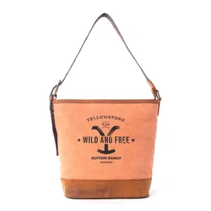 Western Canvas and Leather Shoulder Bag for Women, Yellowstone Inspired 'Wild and Free' Print Crossbody, Durable Everyday Purse, Everyday Bag Women
