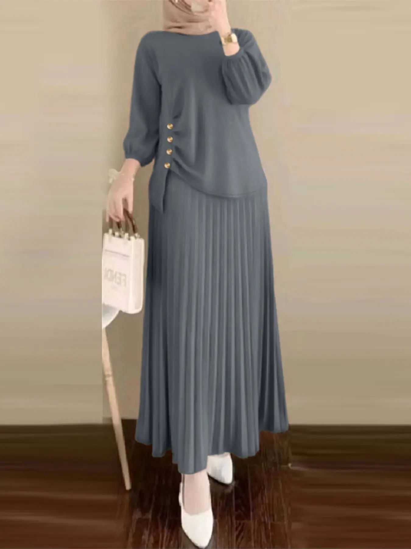 Two-piece Set Co Ord Set Women's Solid Color Top & Pleated Skirt, Casual 3/4 Sleeve Round Neck Top & Skirt for Daily Wear, Ladies Clothes for All Seasons, Fashion Style Sets, Matching Outfit Set