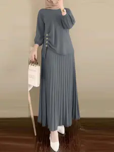 Two-piece Set Women's Solid Color Top & Pleated Skirt, Casual 3/4 Sleeve Round Neck Top & Skirt for Daily Wear, Ladies Clothes for All Seasons, Fashion Style Sets, Matching Outfit Set