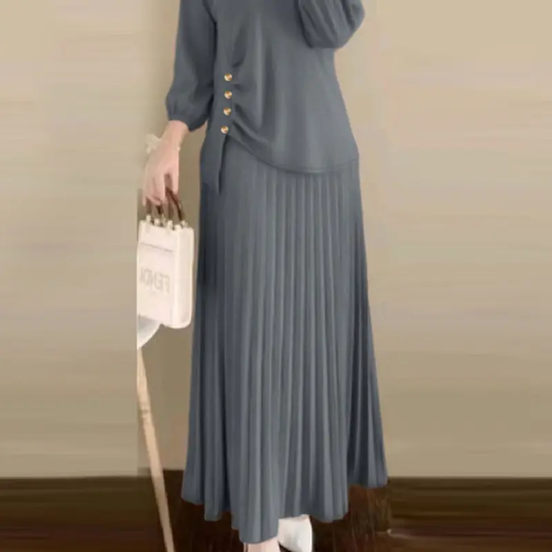 Two-piece Set Women's Solid Color Top & Pleated Skirt, Casual 3/4 Sleeve Round Neck Top & Skirt for Daily Wear, Ladies Clothes for All Seasons