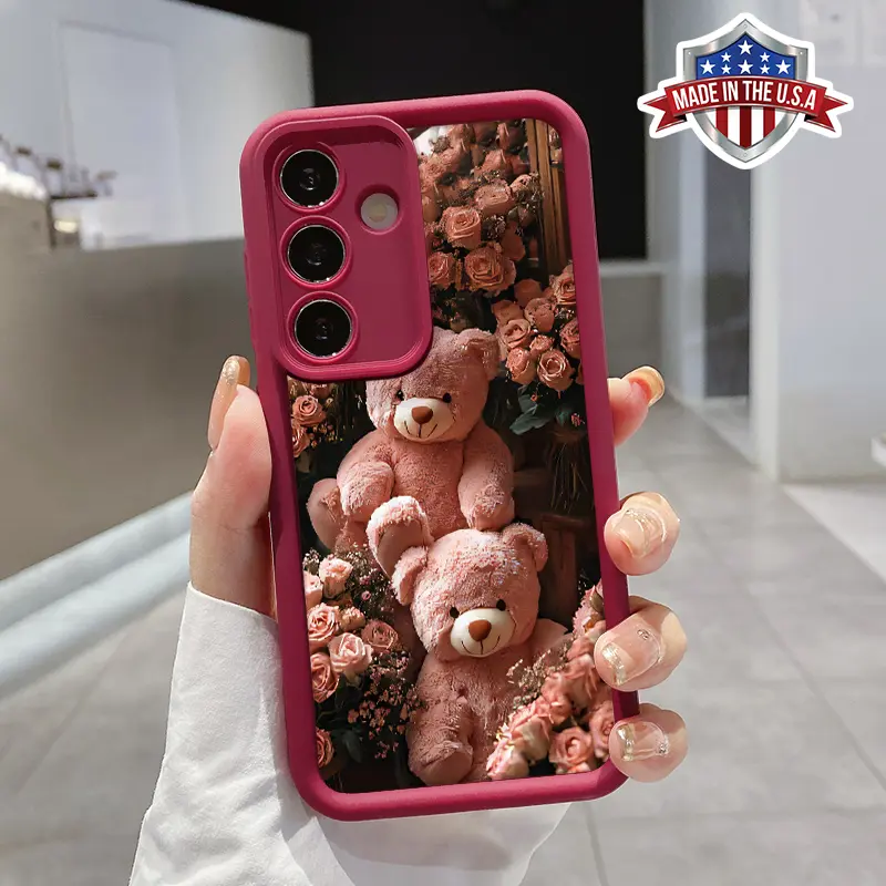 Case for Samsung S24 ultra plus S25 S23 S22 Ultra Plus Pink bear in a flower cluster Advanced fashion gift Pocket-Friendly Shockproof Silicone Protective Softcase