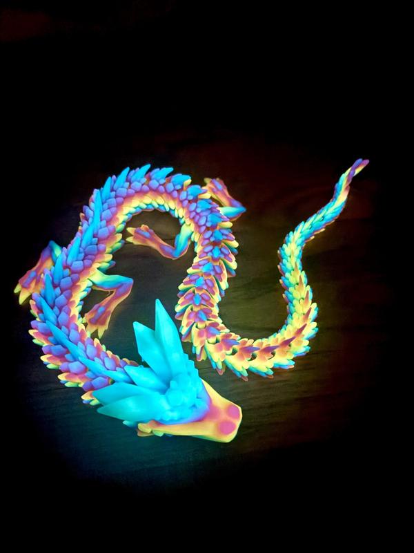 3D Printed Articulated Crystal Dragon, Glow In The Dark Fidget Toy
