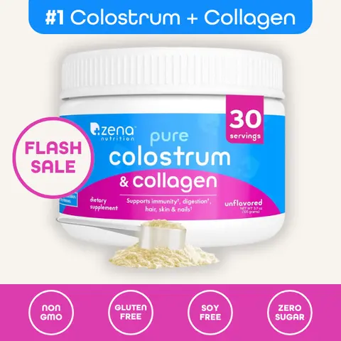 Zena Nutrition Pure Colostrum & Collagen Powder 30 Servings Unflavored Supports Immunity Digestion Hair Skin Nails US Made Non GMO Gluten Free Soy Free Zero Sugar