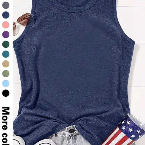 Women's Summer Thin Round Neck Plain Sleeveless Tank Top, Casual Versatile Simple Style, Suitable for Daily Various Occasions