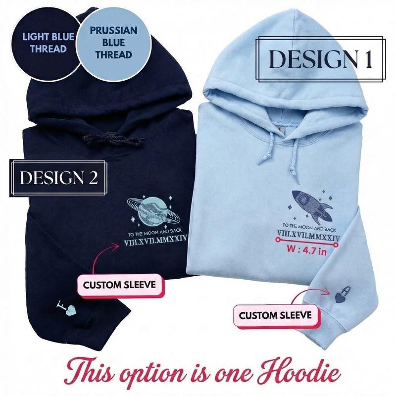 Custom To The Moon And Back Embroidered Hoodies for Couple – Matching Couple Hoodie With Roman Numeral Date And Initials, Meaningful Valentine Anniversary Gift