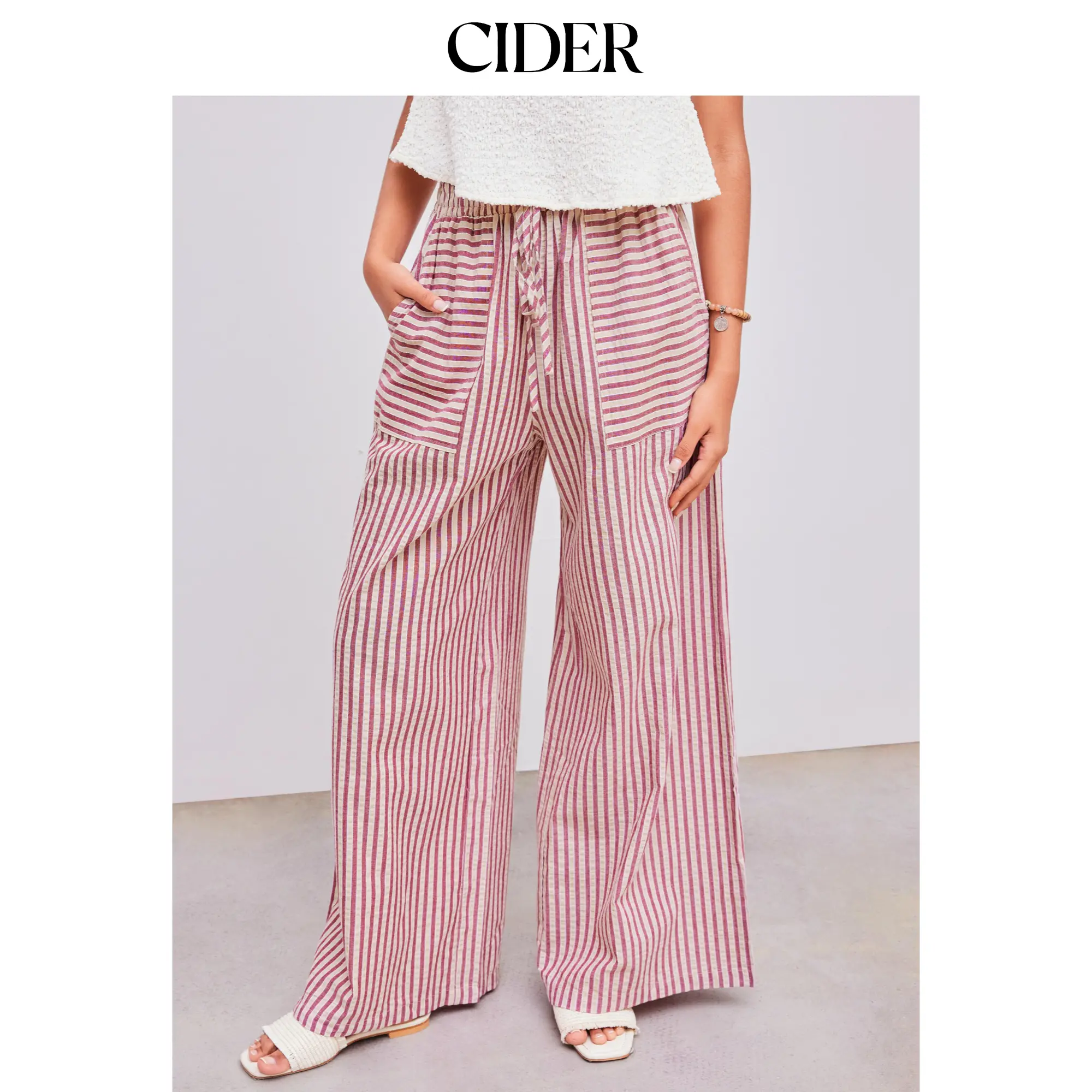 Cider Women's Striped Woven Mid-Rise Oversized Bottoms - Elastic Waist Loose Wide-Leg Casual Trousers with Knotted Pocket Accents for Summer Vacation & Spring Getaways, Cotton