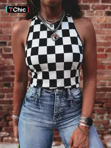 Summer Fashion Chessboard Colorblock Print Slim Fit Round Neck Vest Top, Stylish Casual Wear for Women