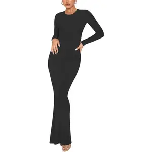 Women’s Sexy Crew Neck Lounge Long Dress — Elegant Long-Sleeve Ribbed Bodycon Maxi Dress