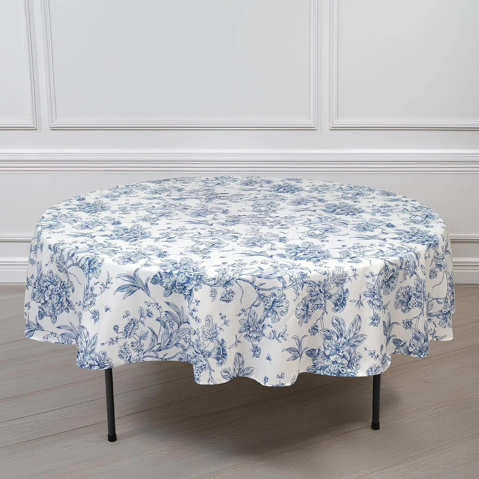 90" Polyester Round Patio Table Tablecloth - White with Blue Classic French Toile Pattern, Decorative Ceremony Table Cover with Care Instructions for Weddings & Events