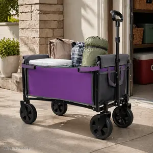Heavy-Duty All-in-1 Convertible Steel 4-Wheel Trolley - Folding Wagon with Bench Seat, Dog Leash, Versatile Seating, Storage, 360lb Capacity, Compact Fold, Swivel Wheels - for Camping, Beach - Purple/Gray