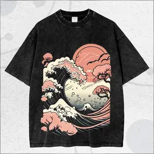 Vintage Washed Japanese Wave Cherry Blossom T Shirt, Pastel Ukiyo Style Art Tee