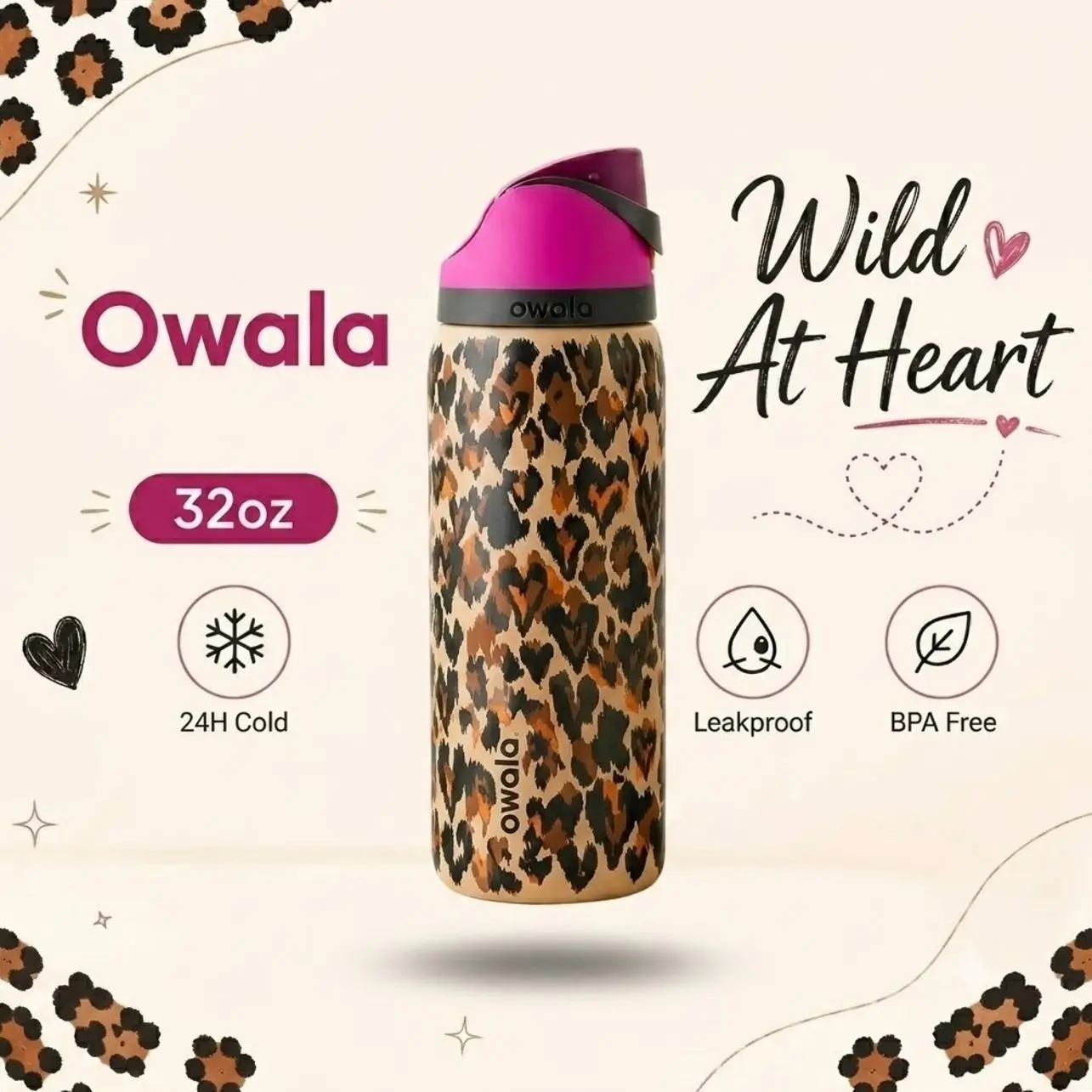 Trendy Wild At Heart Leopard OwaIa 32oz Water Bottle Leakproof Insulated Stainless Steel Travel Tumbler