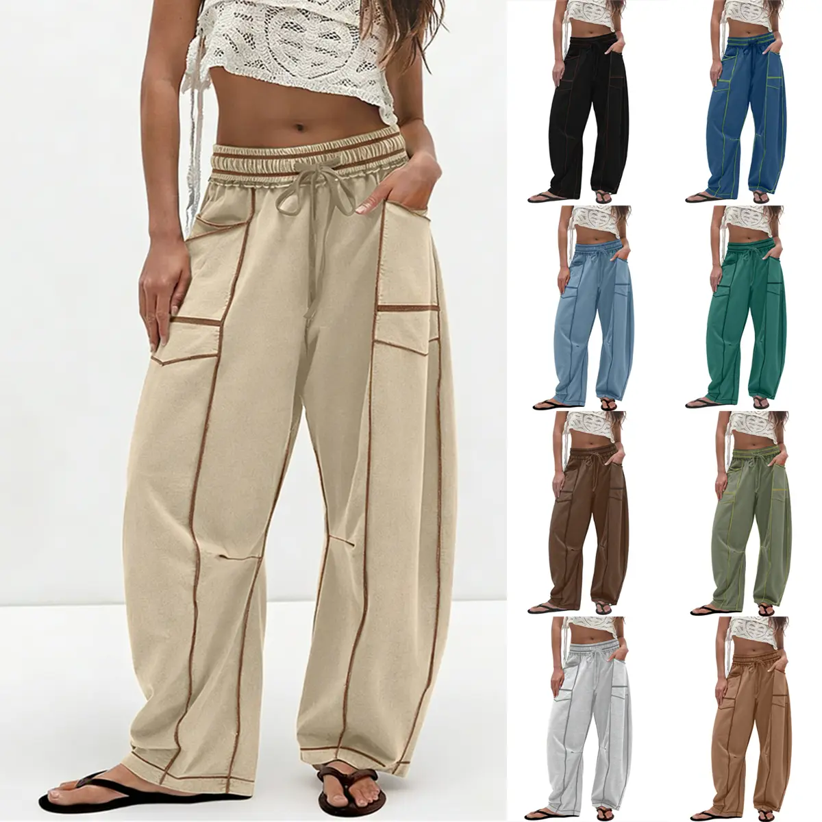 WoodBerry Lady's High-Waisted Elastic Smocked Waist Cotton Casual Pants - Loose-Fitting Barrel Wide-Leg Drawstring Basic Joggers with Pockets, Seam Stitch Details for Athletic Lounging, Breezy Joggers, Elastic Smocked Waist Joggers