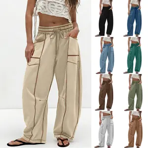 WoodBerry Women's High-Waisted Elastic Smocked Waist Cotton Casual Pants - Loose-Fitting Barrel Wide-Leg Drawstring Joggers with Pockets, Seam Stitch Details for Athletic Lounging,summervibes