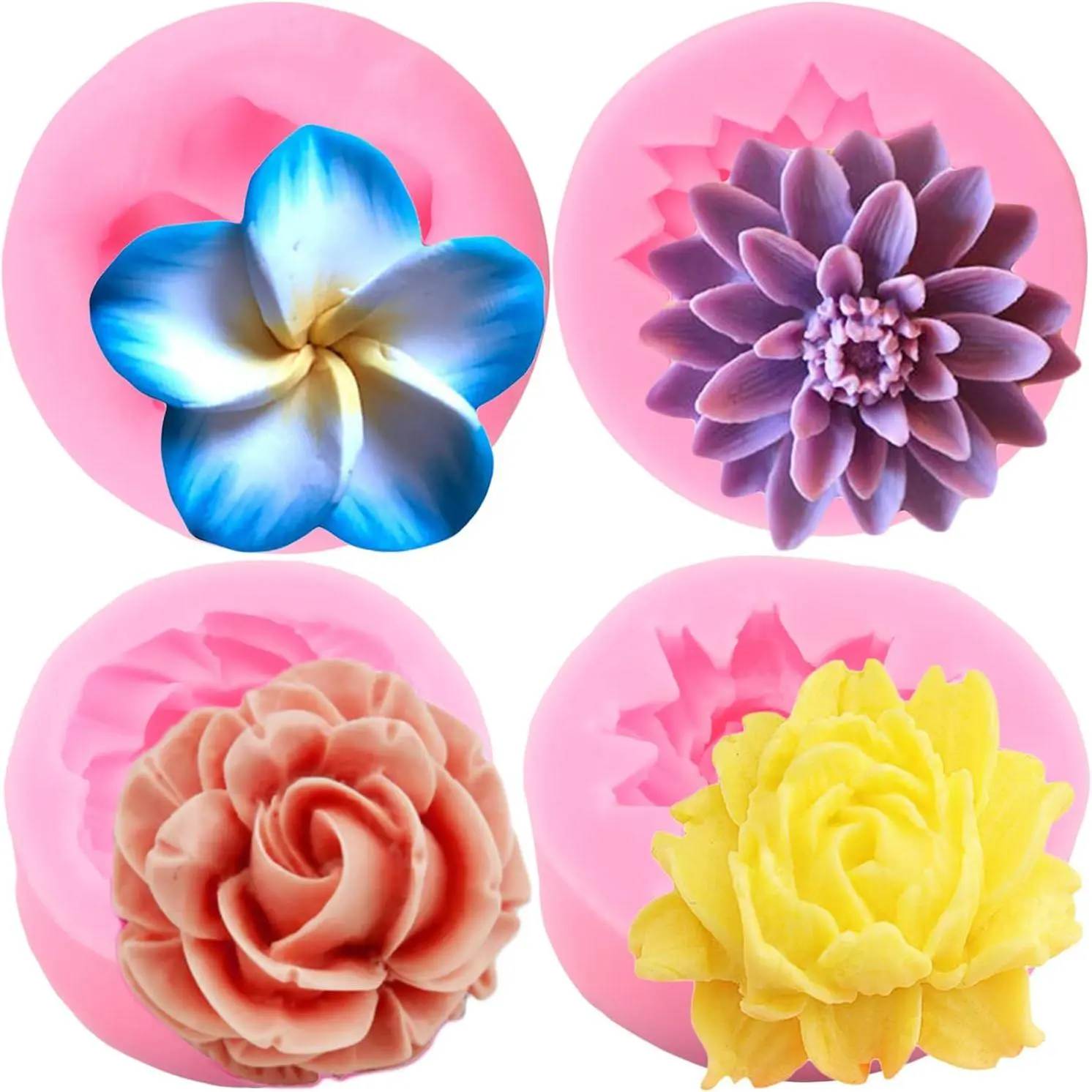 Flower Bloom  Molds Rose Flower Fondant Mold Chrysanthemum Flower Mold Plumeria Flower Mold For  Cake Decoration Cupcake Topper Candy Polymer Clay Gum Paste Set Of 4