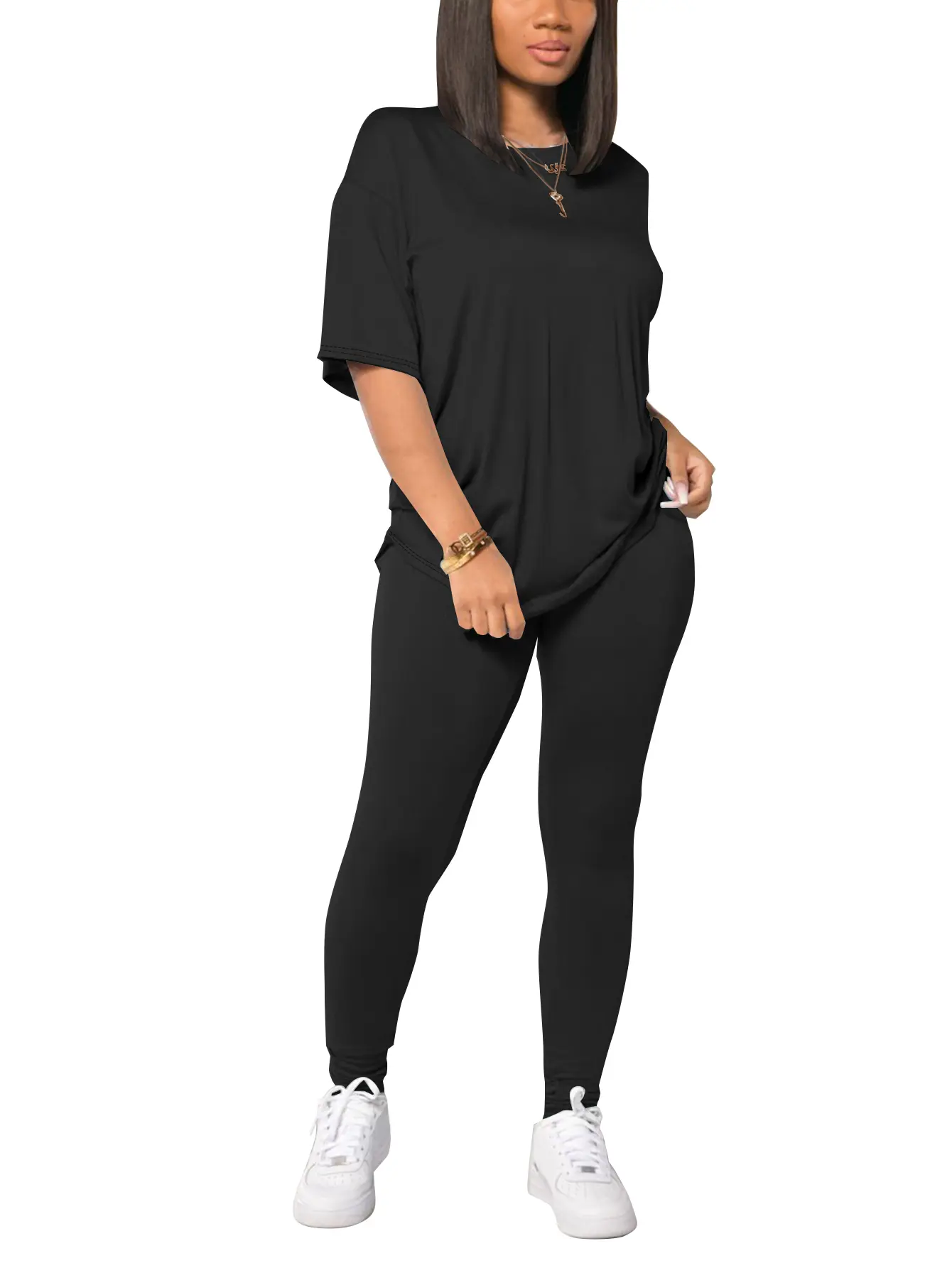 Women's 2-Piece Casual Sports Set - Pure-Colored Short-Sleeved Round-Neck Pullover, Long Pants, Athleisure Outfits