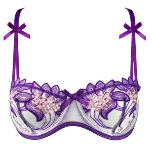 Sexy Bra Purple European-Vintage Inspired - Coquette Bows -  Embroidered Lingerie soft comfortable