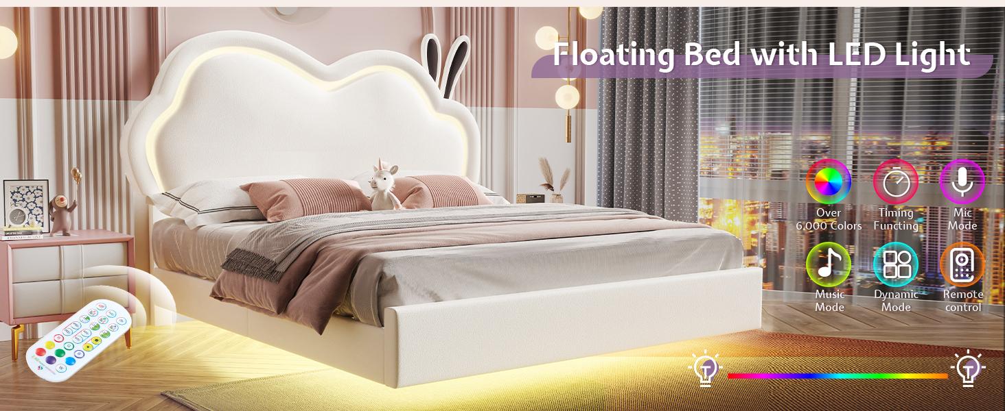 AMERLIFE Floating Bed Frame with Adjustable LED Headboard, Cute Leather Upholstered Platform Bed Frame with Wood Slats Support, Easy Assembly/Best Gift Ideas/Christmas Gifts AMERLIFE Floating Bed Frame with Adjustable LED Headboard, Cute Leather Upholstered Platform Bed Frame with Wood Slats Support, Easy Assembly/Best Gift Ideas/Christmas Gifts