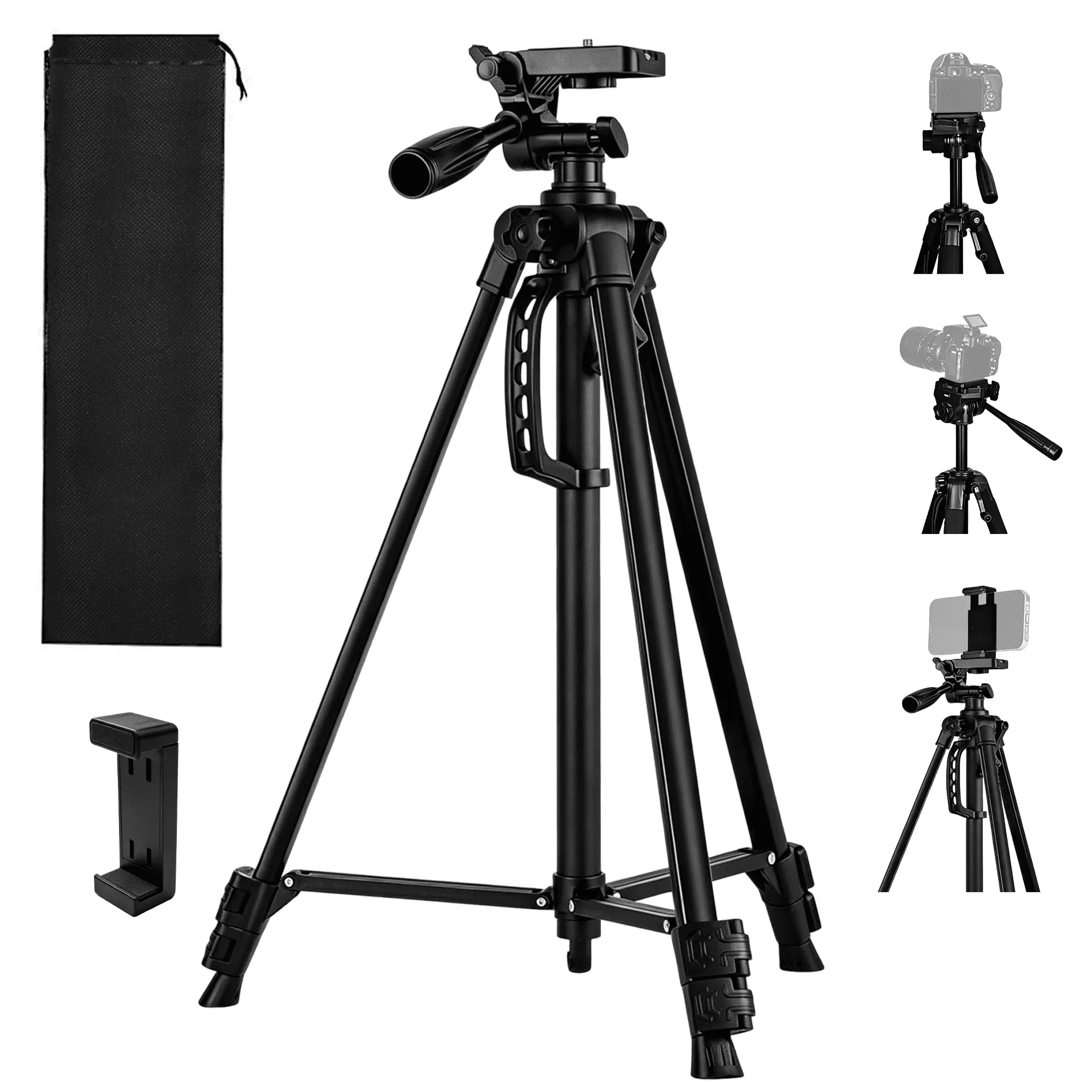 Lightweight Aluminum Camera Tripod (55.5 in), Portable Travel Tripod with Pan Head, Phone Mount & Carry Bag, Adjustable Height Stand for DSLR, Smartphone, Ring Light