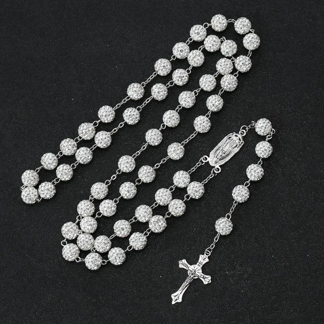 10mm Crystal Bead Rosary with Our Lady of Guadalupe Medal – Catholic Prayer Beads with Crucifix – Religious Necklace for Prayer, Worship & Gifts