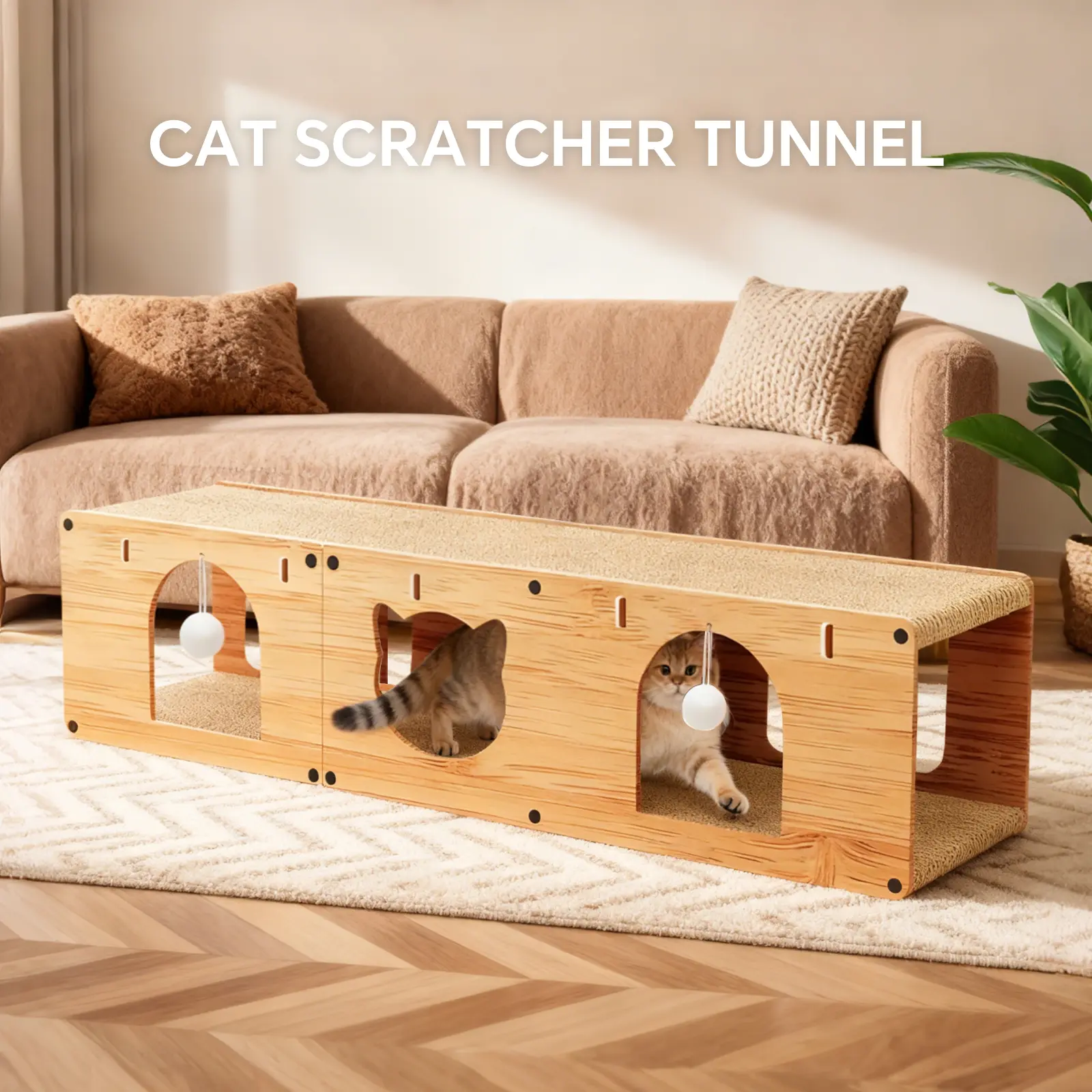 Extra Long Corrugated Cardboard Cat Tunnel, Interactive Cat Scratcher Lounge with Hanging Ball Toys, Foldable Cat Tunnel Bed for Indoor Cats, Cat Hideaway & Scratch Furniture, 100cm