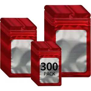 300 Pack 3 Sizes Resealable Mylar Holographic Bags  Storage Smell Proof Bags with Front Window Packaging Pouch for Cookies Sample  Snack (Red,3 x 4.7 inch,4 x 6 in,4.7 x 7.9 in)