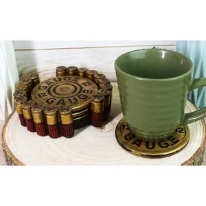 Western Shotgun 12 Gauge Bullet Shells Round Coaster Holder with 4 Coasters Set