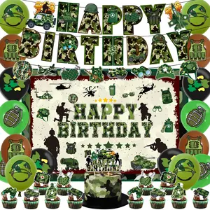 32pcs Military Theme Birthday Party Decoration Set, Includes Military Banner, Paper Garlands, Cake Topper, Balloons, Backdrop Perfect For Birthday Party