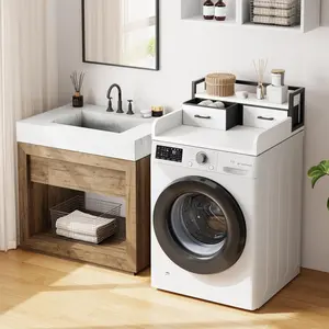 2-Tier Washer Dryer Countertop Organizer with Shelf & 2 Drawers – High Guardrails, Smooth Edges – Sturdy Laundry Storage Rack for Home Laundry Room Organization