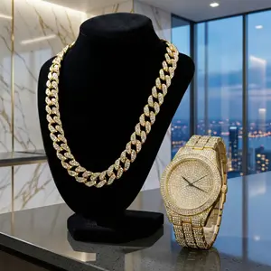 【Valentine's Day Gift】Men's 42mm Iced Diamond Quartz Watch & 18mm Miami Cuban Chain Necklace Set for Streetwear & Hip-Hop Fashion