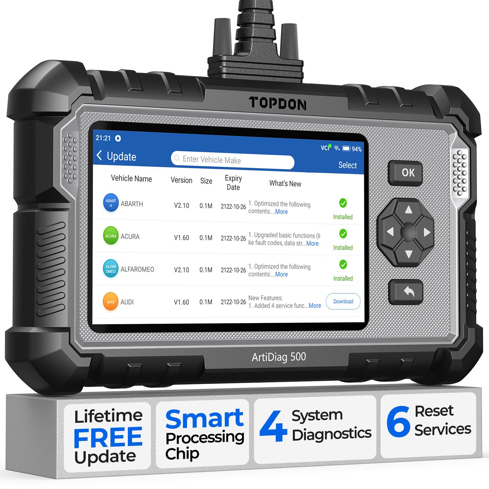 [FathersDayGift] TOPDON AD500 OBD2 Scanner Oil/SAS/Throttle Reset Engine/ABS/SRS/Transmission, AutoVIN, Car Check Engine Code Reader with Battery Test, Lifetime Wi-Fi Free Update Steering Vehicle Bidirectional Scan Tool