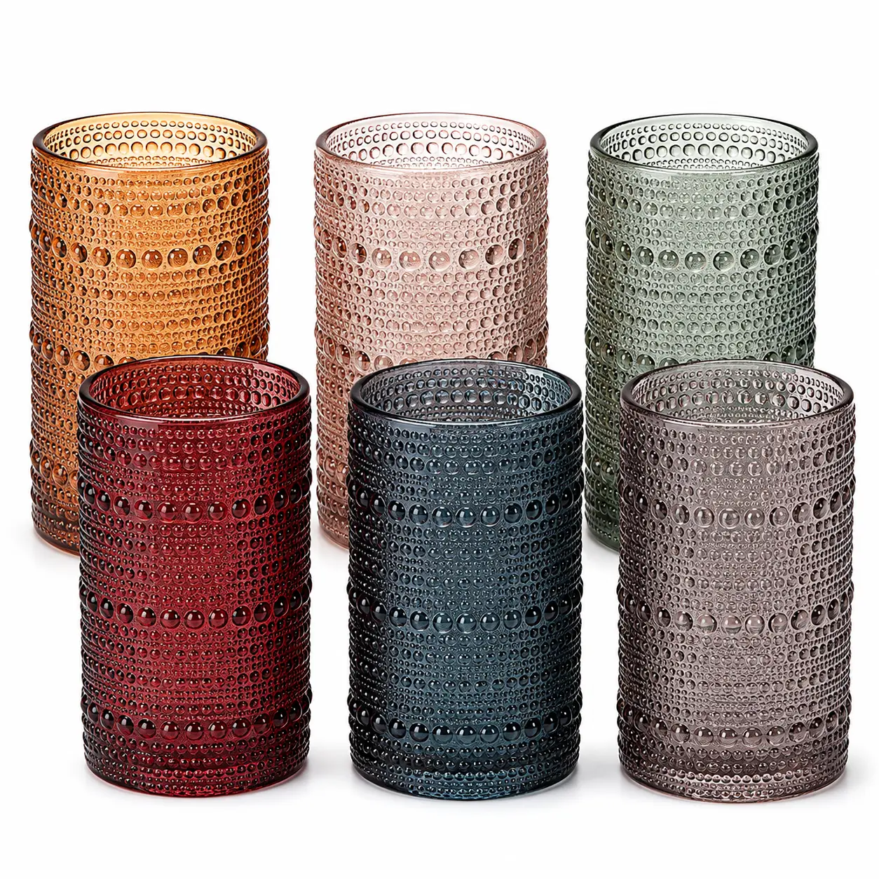 Khen Hobnail Beaded Highball Drinking Tumbler Glasses | Set of 6 | Color, Vintage Bubble Design Whiskey Glassware, Old-Fashioned, Embossed Design for Water, Wine, Cocktail Embossed, Rocks Glass