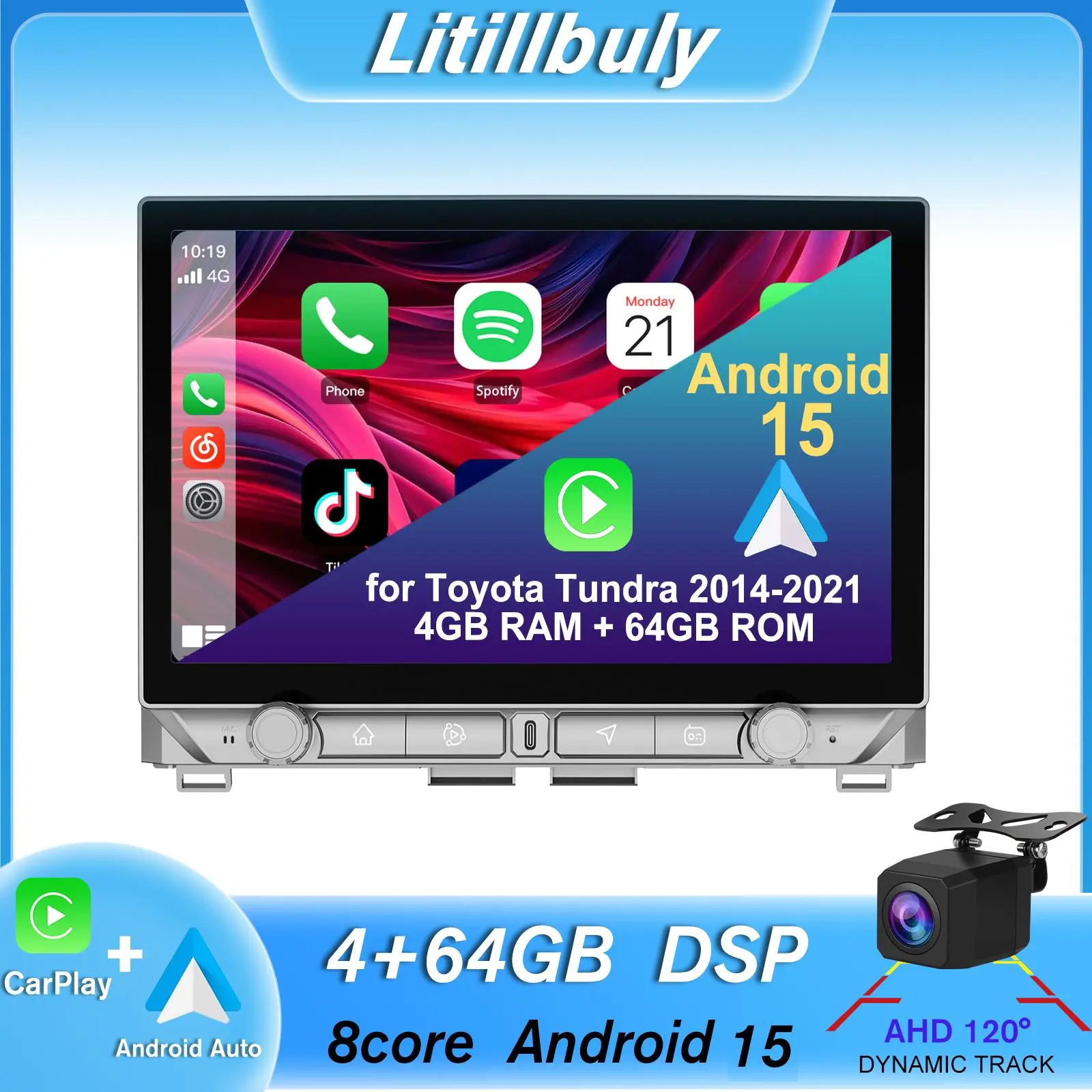 Car Stereo for Toyota Tundra 2014-2021 touch screen has Android Auto Wireless Carplay, Bluetooth WIFI supports GPS Navigation