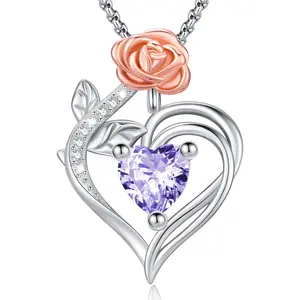 DRINSPER Elegant Rose Star Heart Necklace 925 Sterling Silver Necklace with Cubic Zirconia Decor, Elegant Fashion Casual Heart Rose Necklace for Women, Silver Heart Pendant with Rose Flower for Mother's Day Valentine Birthday