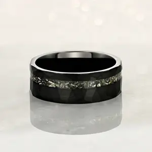 "ECLIPSE" Tungsten Carbide Black Hammered Ring 8mm w/ Crushed Meteorite