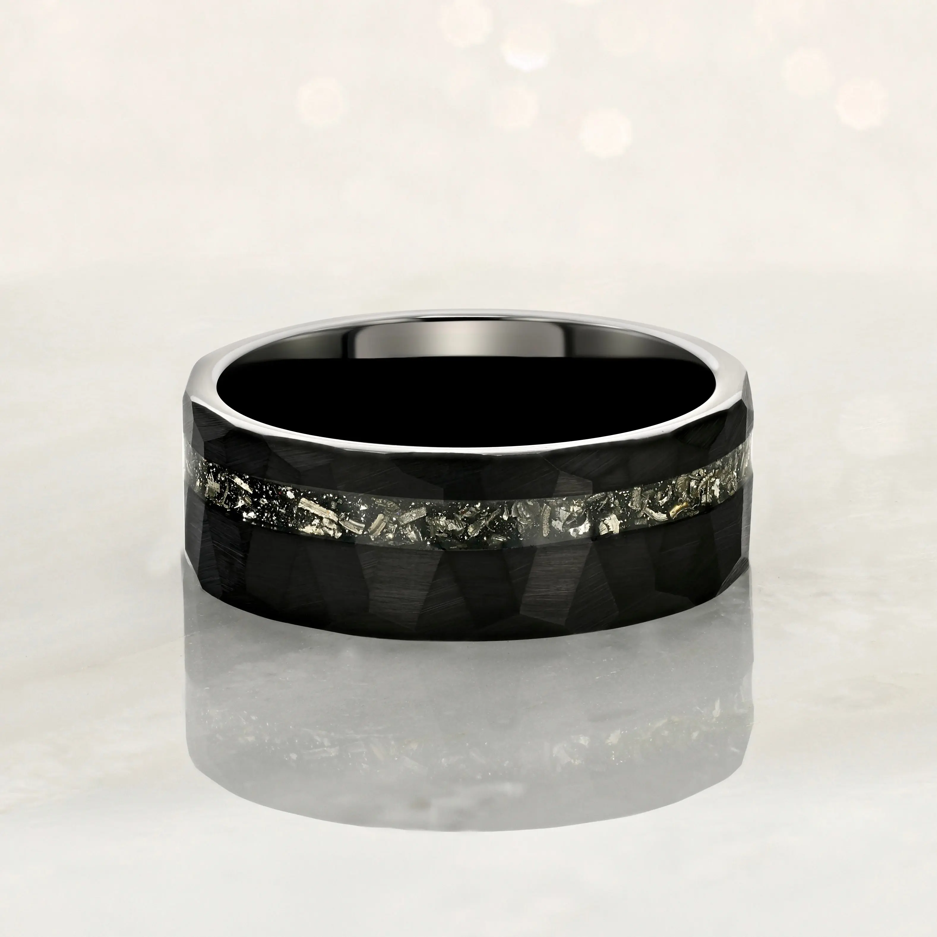 "ECLIPSE" Tungsten Carbide Black Hammered Ring 8mm w/ Crushed Meteorite