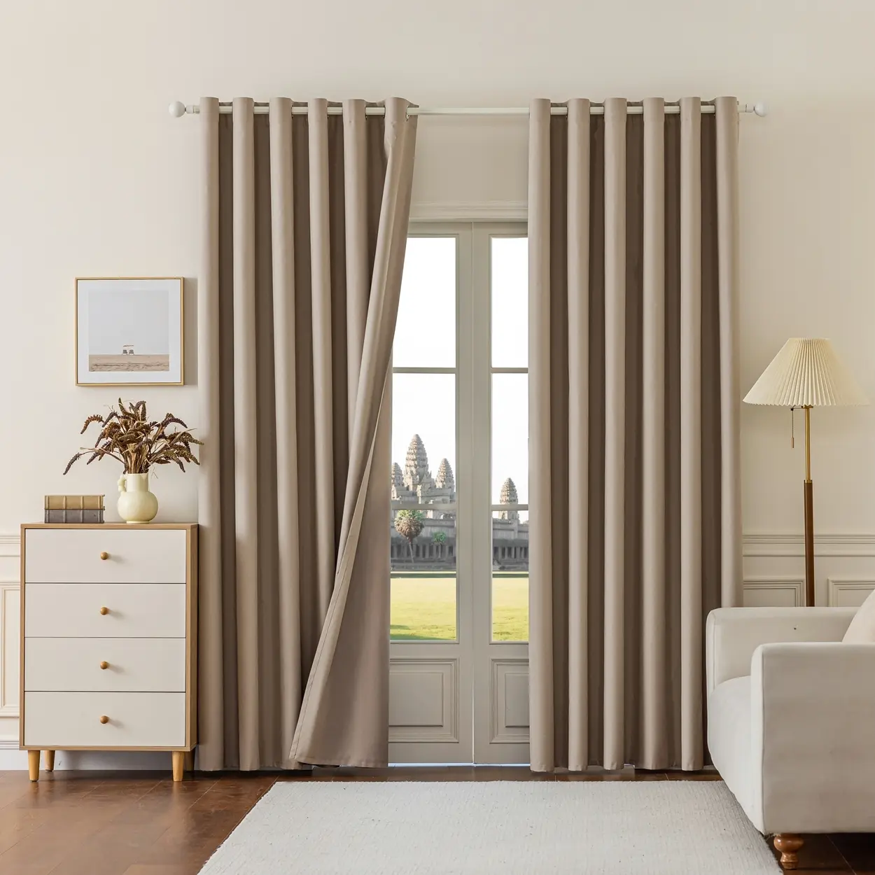 2pc Finished Curtains Milk Tea Color Full Light Blocking Blackout Window Cover Thickened Home Decoration Curtain for Bedroom Living Room Balcony Easy Installation